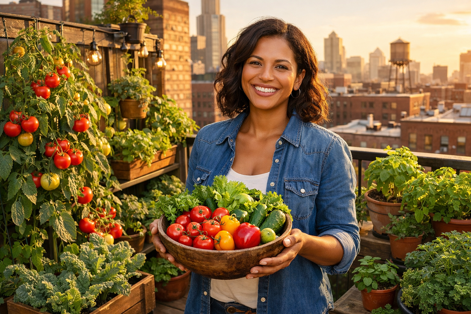 Urban gardener holding vegetables grown in a compact garden